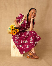 Floral Print Midi Dress in Linen Blend, Pink (CERISE), large