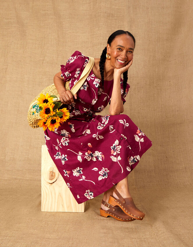 Floral Print Midi Dress in Linen Blend, Pink (CERISE), large