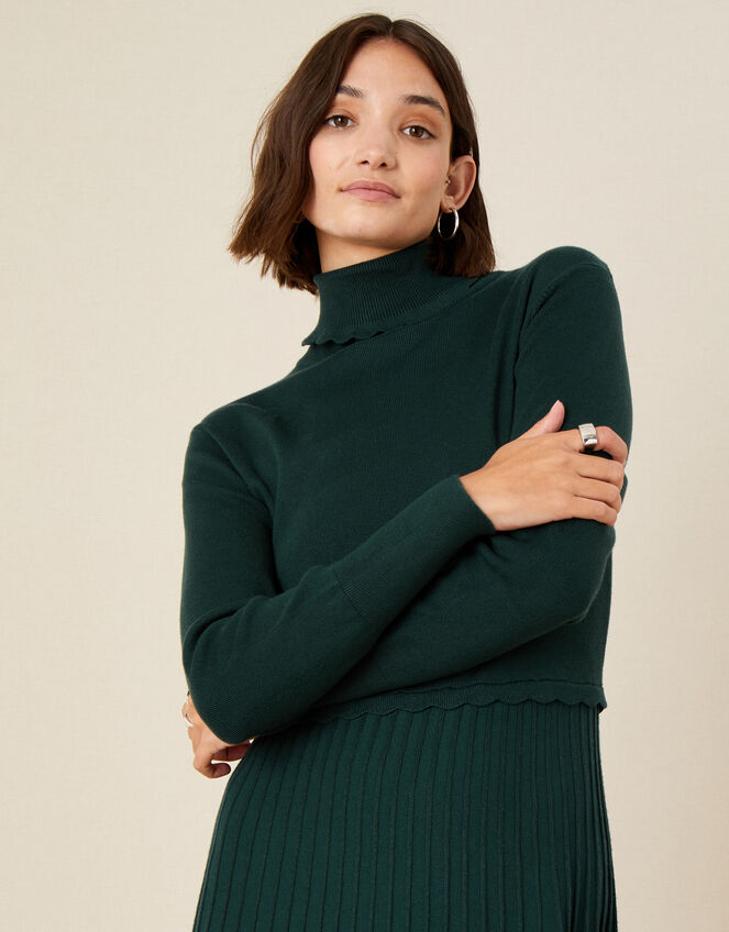 Scallop Roll Neck Dress, Green (DARK GREEN), large