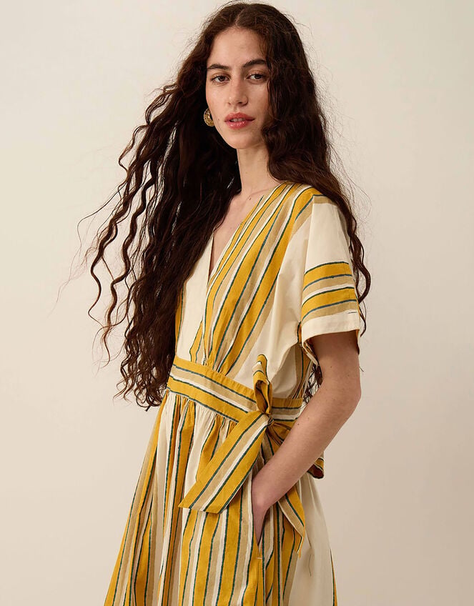 East Alana Hand-Woodblock Stripe Dress, Yellow (YELLOW), large