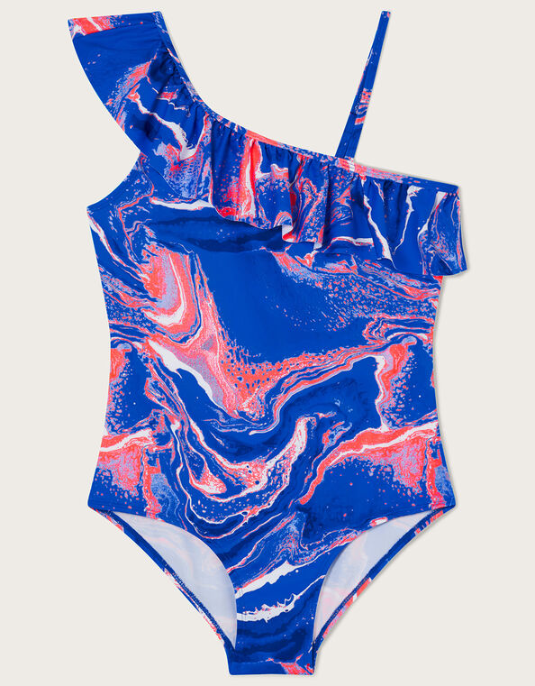 Marble Print Frill Swimsuit, Blue (BLUE), large