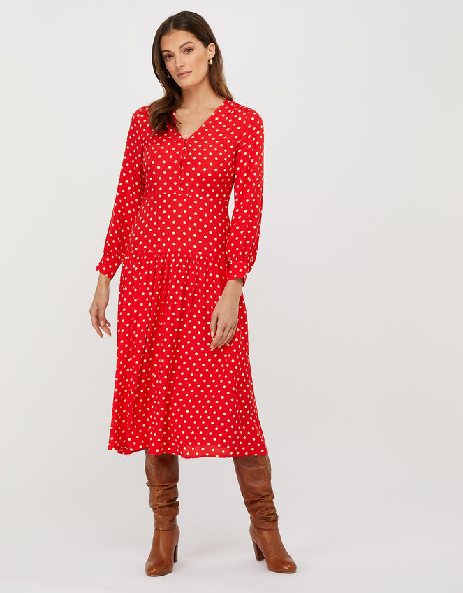 Sandi Polka Dot Long Sleeve Dress, Red (RED), large