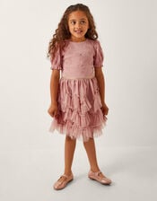 Bow Puff Sleeve Ruffle Dress, Pink (PINK), large