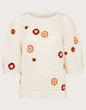 Floral Embroidered Sweater, Ivory (IVORY), large