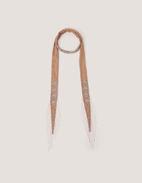 Enid Embellished Tassel Skinny Scarf, , large