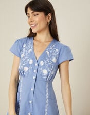 Embroidered Midi Dress in Linen Blend, Blue (BLUE), large