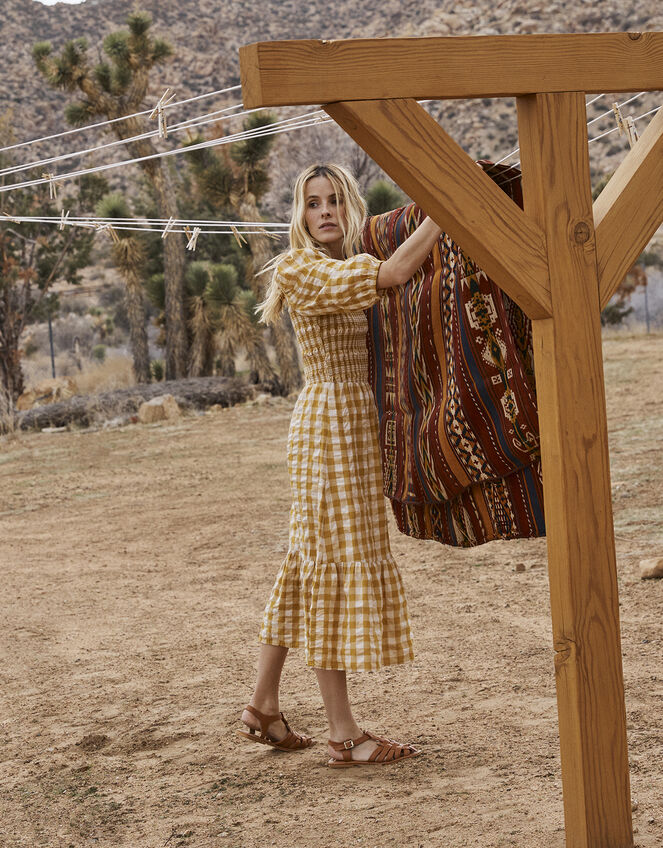 Smocked Check Dress, Yellow (OCHRE), large