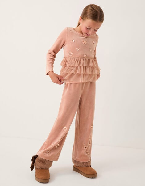 Embellished Velour Wide Leg Trousers, Pink (PINK), large