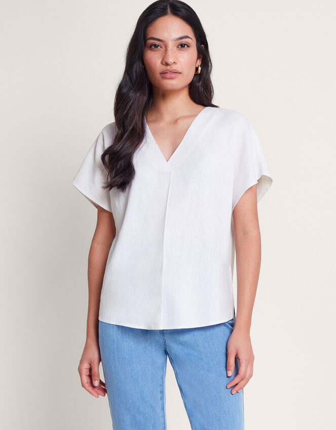 Viola V-Neck Pintuck T-Shirt, White (WHITE), large