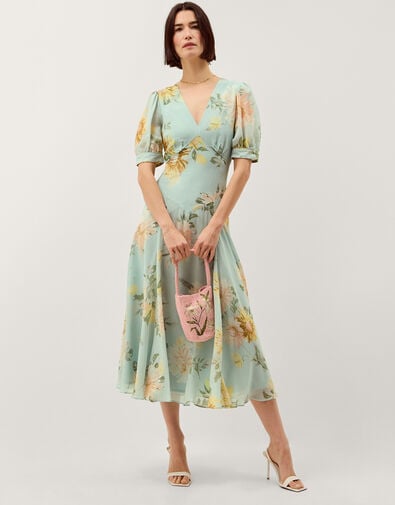 Carris Puff Sleeve Floral Midi Dress, Green (SAGE), large