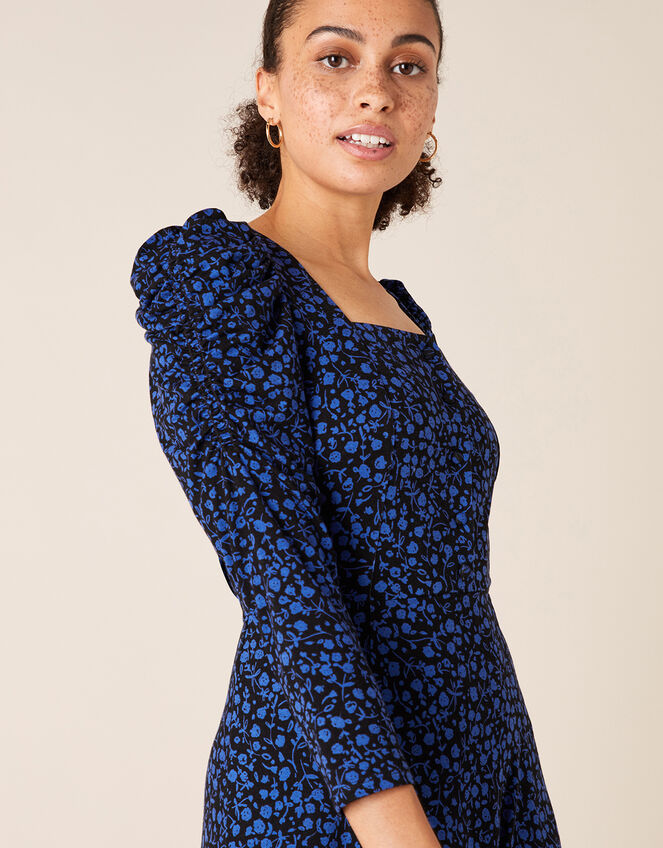 Floral Square Neck Jersey Midi Dress, Blue (COBALT), large