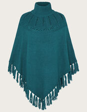 Pointelle Poncho with Fringe Trim, , large