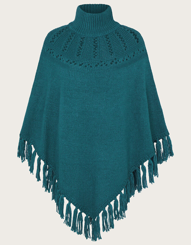 Pointelle Poncho with Fringe Trim, , large