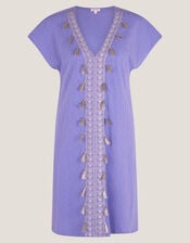 Jodie Tassel Beach Tunic Mini Dress, AMETHYST, large