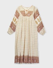 East Tilly Hand-Block Print Midi Smock Dress, Yellow (MUSTARD), large