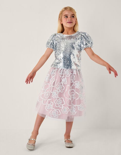 Sequin Puff Sleeve Top, Silver (SILVER), large