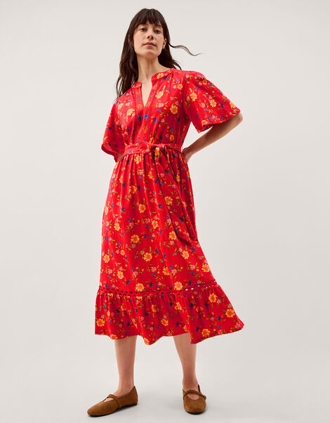 Libby Floral Jersey Midi Dress , Red (RED), large