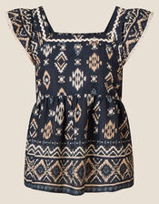 Square Neck Ikat Print Top in Sustainable Cotton, Blue (NAVY), large