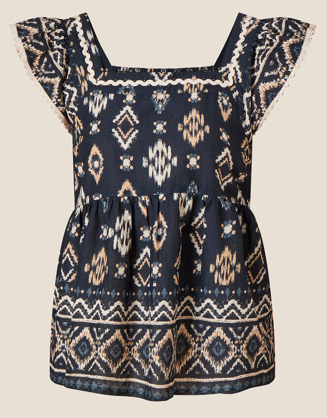 Square Neck Ikat Print Top in Sustainable Cotton, Blue (NAVY), large