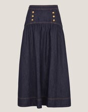 Lucy Button Denim Midi Skirt, Blue (INDIGO), large