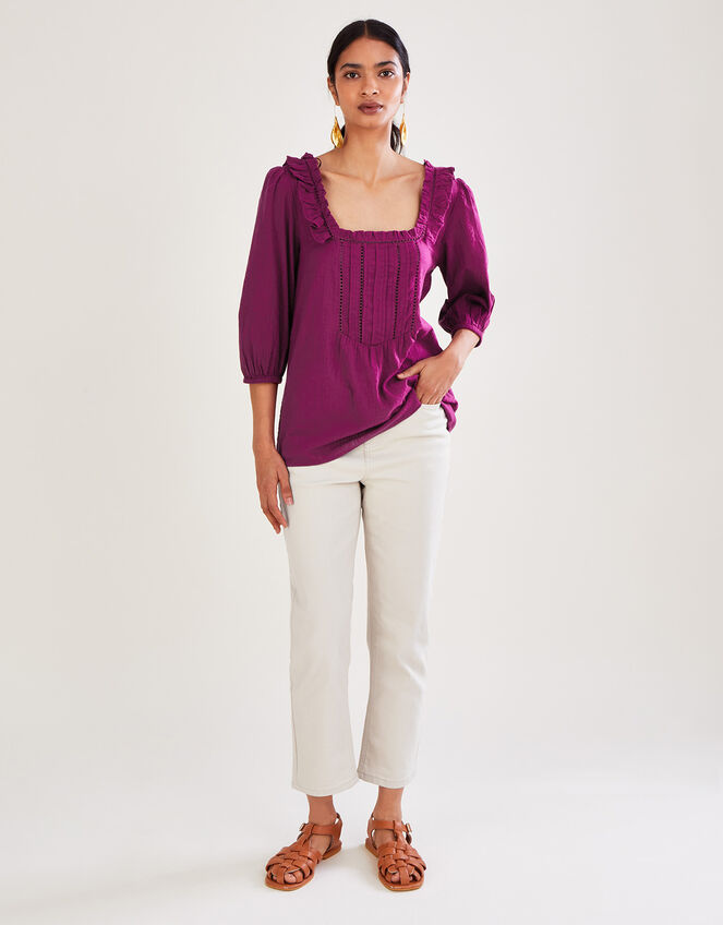 Plain Seersucker Square Neck Top in Sustainable Cotton, Purple (PURPLE), large