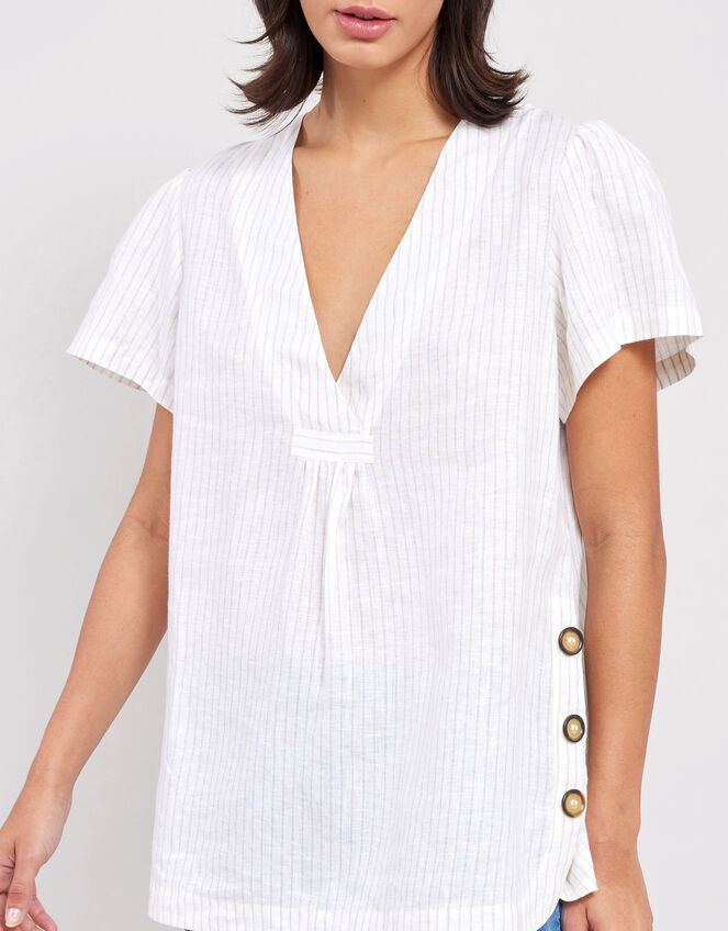 East Zahra Pinstripe Linen-Blend Top, Natural (NATURAL), large