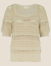 Square Neck Bobble and Lace Stitch Jumper, Camel (BEIGE), large