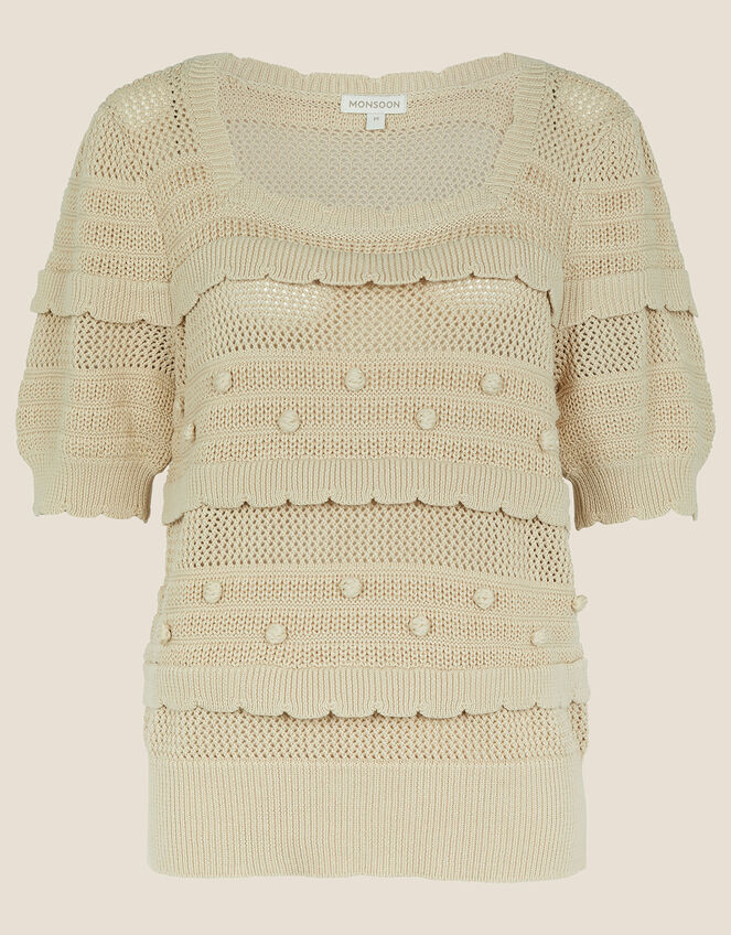 Square Neck Bobble and Lace Stitch Jumper, Camel (BEIGE), large