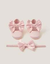 Baby Satin Bow Headband & Booties Set, Pink (PINK), large