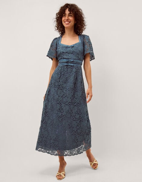 Regina Short Sleeve Lace Midi Dress, Blue (PETROL), large