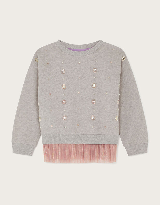Beaded Tulle Trim Sweatshirt, Grey (GREY), large