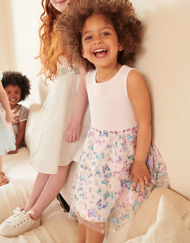 Butterfly Foil Print Tiered Dress, Pink (PINK), large