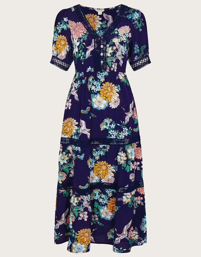 Olana Print Lace Dress in Sustainable Viscose, Blue (NAVY), large