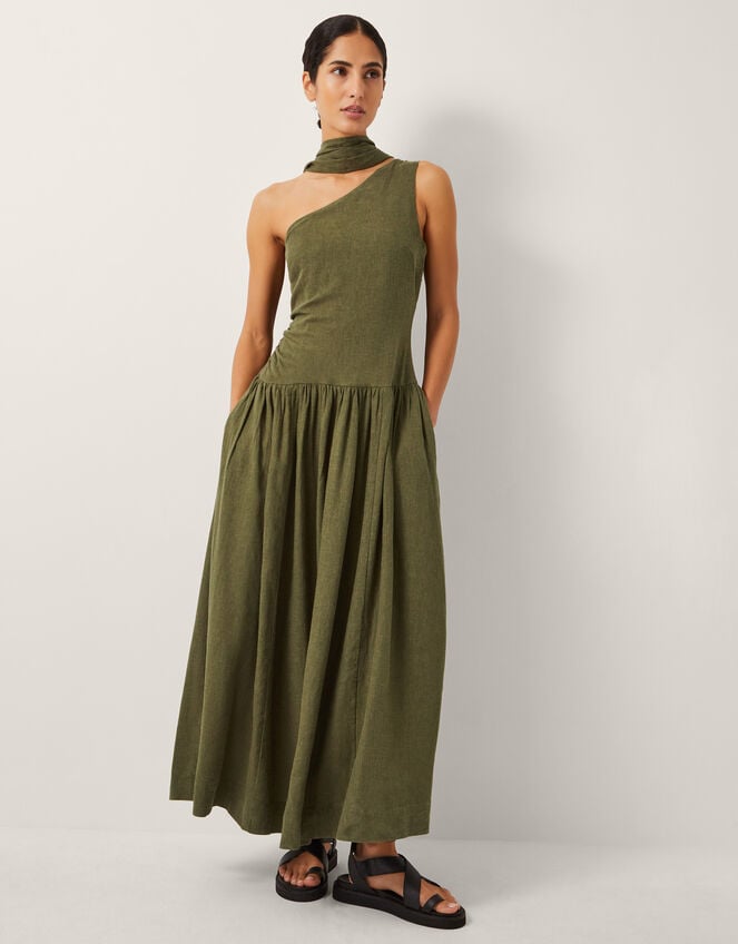 The India Edit Leila One Shoulder Maxi Dress, Green (KHAKI), large