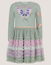 Sequin Butterfly Ruffle Disco Dress, Green (GREEN), large