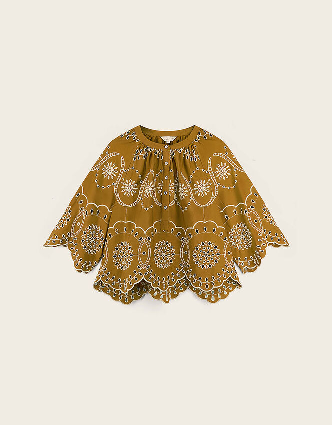 East Leni Floral Broderie Cotton Poplin Top, Green (OLIVE), large