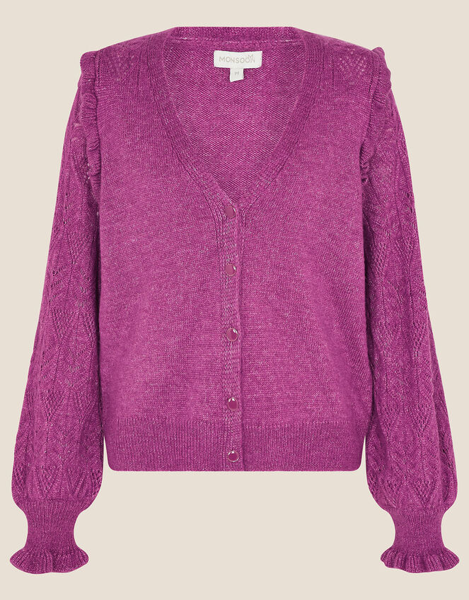 Elvira Pointelle Sleeve Cardigan , Purple (PURPLE), large