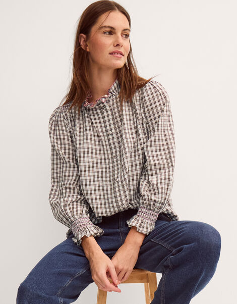 Marlo Check Blouse, Brown (BROWN), large