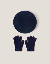 Bow Wool Beret & Gloves Set, Blue (NAVY), large