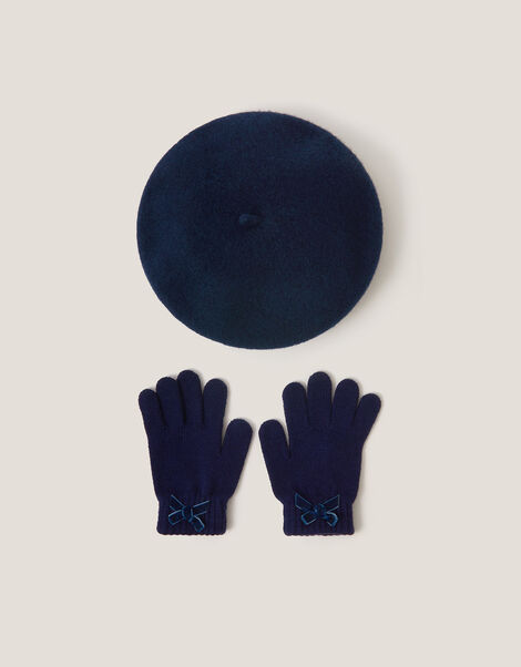 Bow Wool Beret & Gloves Set, Blue (NAVY), large