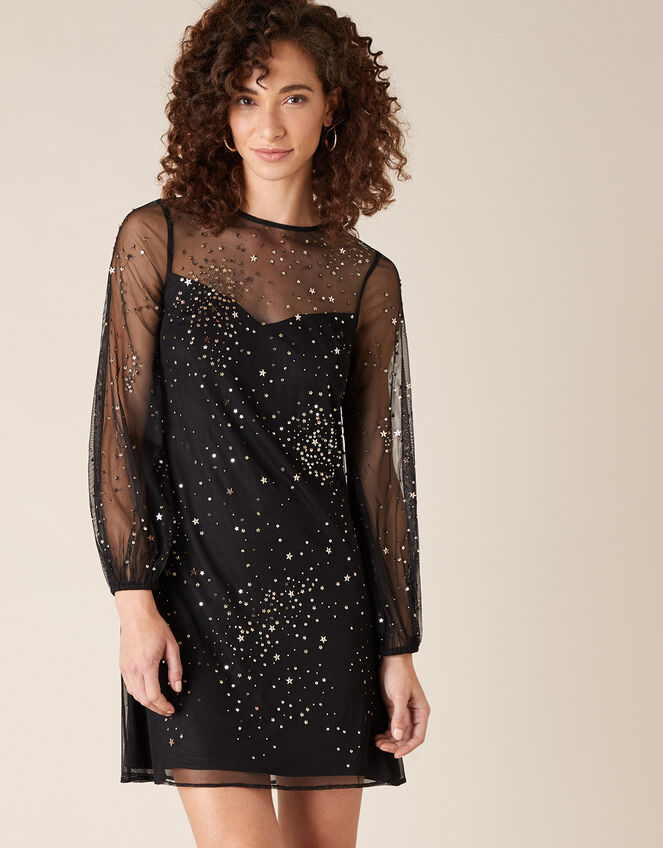Stefania Embellished Star Tunic Dress, Black (BLACK), large