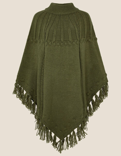 Tassel Cable Knit Poncho, , large