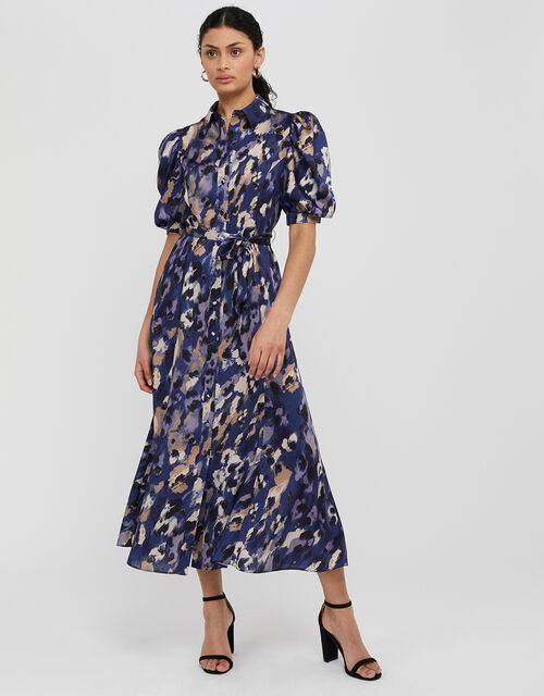 Libby Animal Print Satin Shirt Dress Blue | Evening Dresses | Monsoon ...