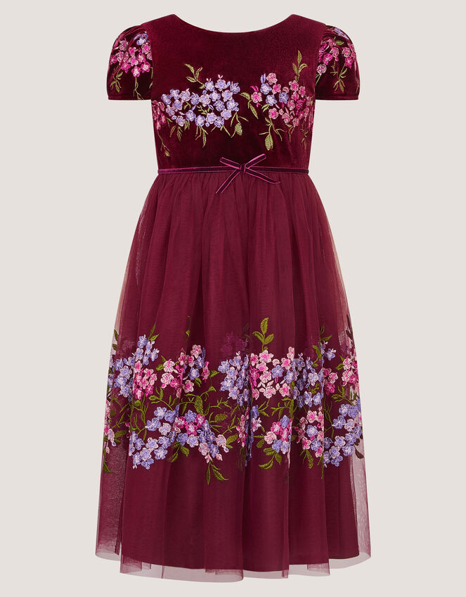 Ruby Floral Embroidered Velvet Party Dress, Red (BURGUNDY), large