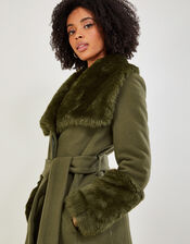 Sadie Faux Fur Trim Wrap Coat, Green (GREEN), large