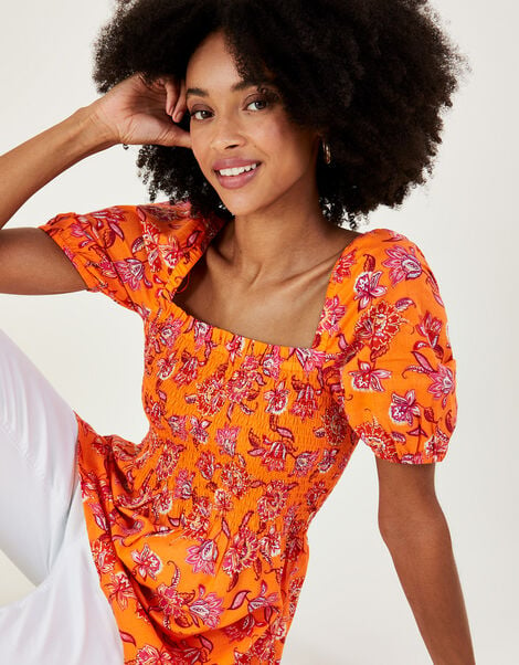 Floral Print Shirred Bodice Top in Sustainable Cotton Orange, Orange (ORANGE), large