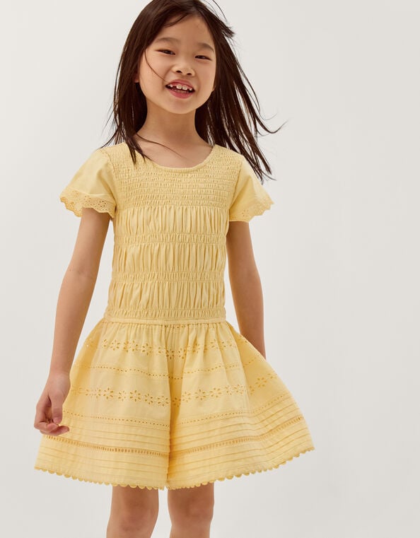 Smocked Broderie Romper, Yellow (YELLOW), large