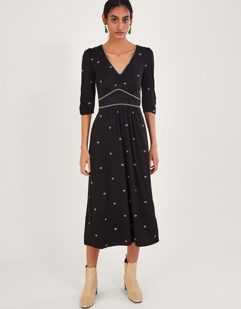 All-Over Embroidered Jersey Midi Dress, Black (BLACK), large
