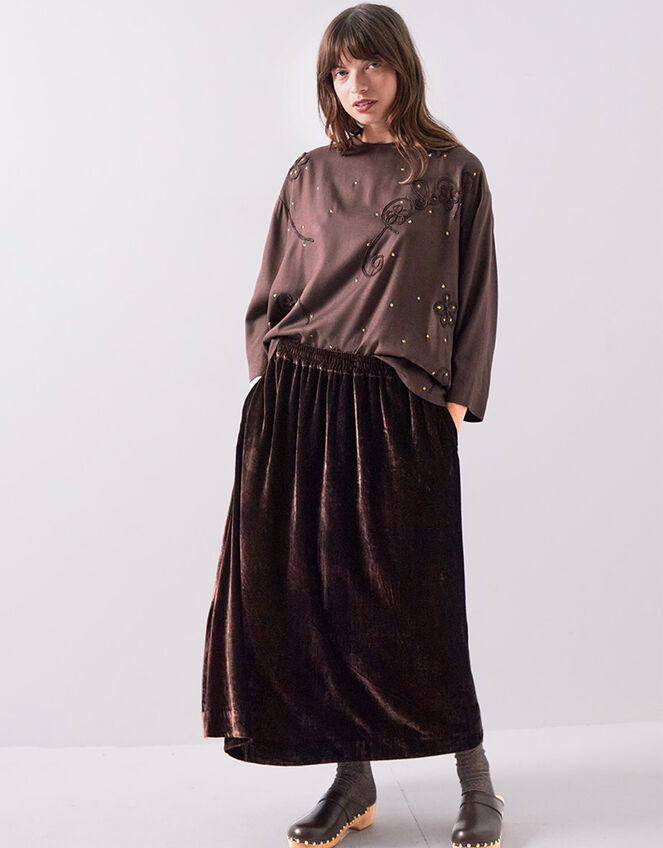 East Laurie Velvet Midi Skirt, Brown (DARK BROWN), large