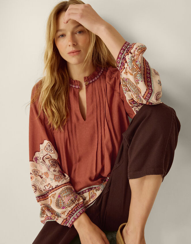 Alexandra Floral Pintuck Blouse, Brown (BROWN), large